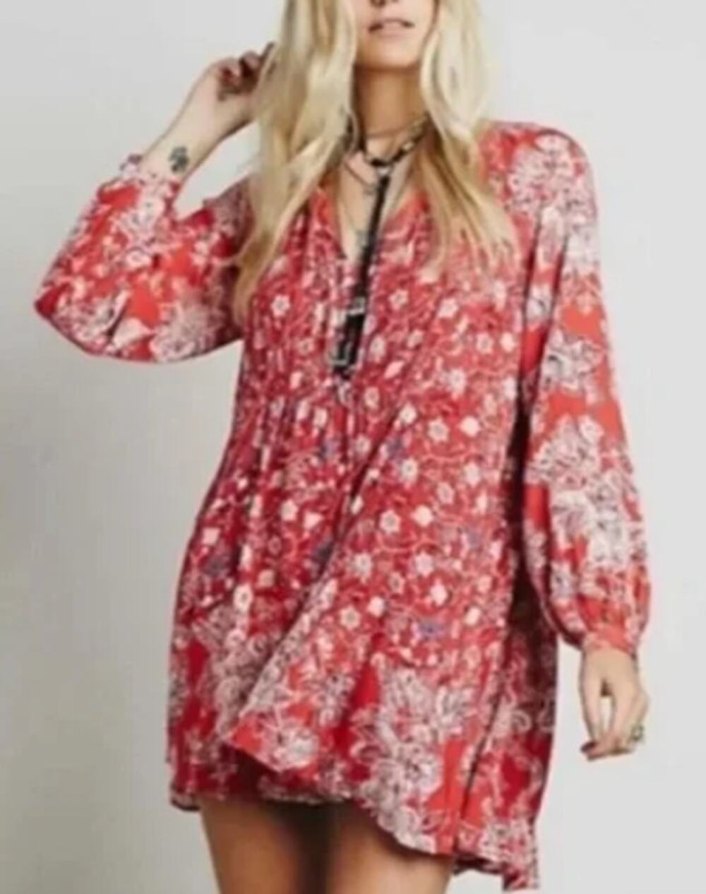 Free People Floral Lucky Loosey Mini Dress M  Red Tunic Festival Boho Oversized
